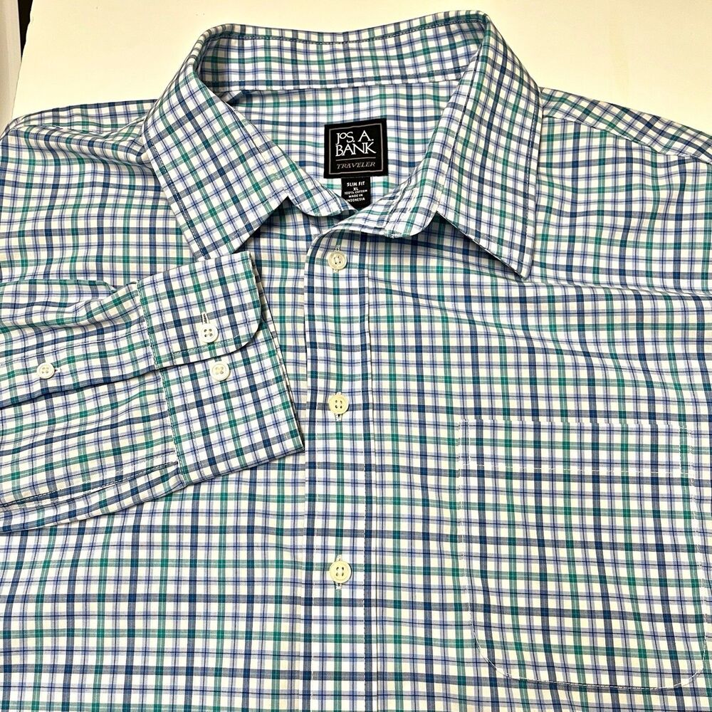 Joseph A. Bank Traveler Slim Fit Blue/Green Plaid Long Sleeve Shirt Size XL